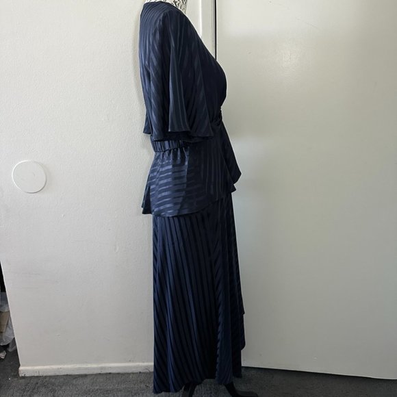 A.L.C. Navy Blue Tonal Stripe AVI 100% Silk Asymmetric Midi Maxi Dress Sz 6 - Picture 8 of 13